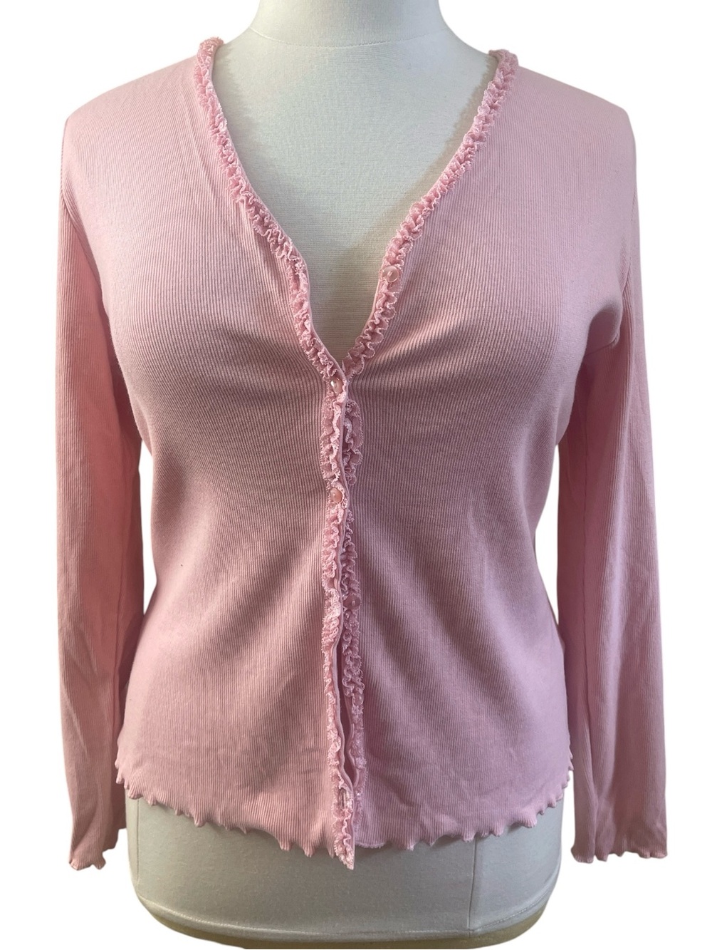 Everyday coquette croft & barrow Light Pink Lace Trim V-Neck Cardigan Office